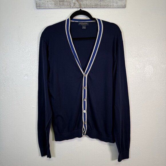 Brooks Brothers Button Up Color Block Cardigan Navy Blue Large Quiet Luxury - Picture 1 of 13